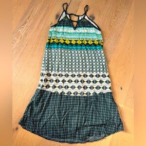 PRANA. XS. Boho printed halter neck dress. Teal, navy & white. 100% modal.
